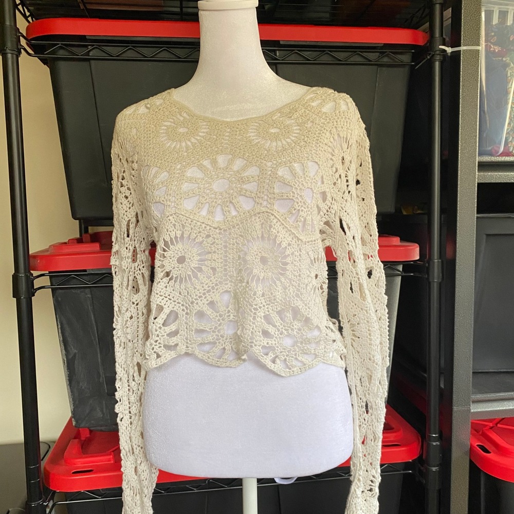 Lace Crochet Floral Sheer Cream Top Medium Boho Festival Doily Western Cotton - Picture 2 of 5